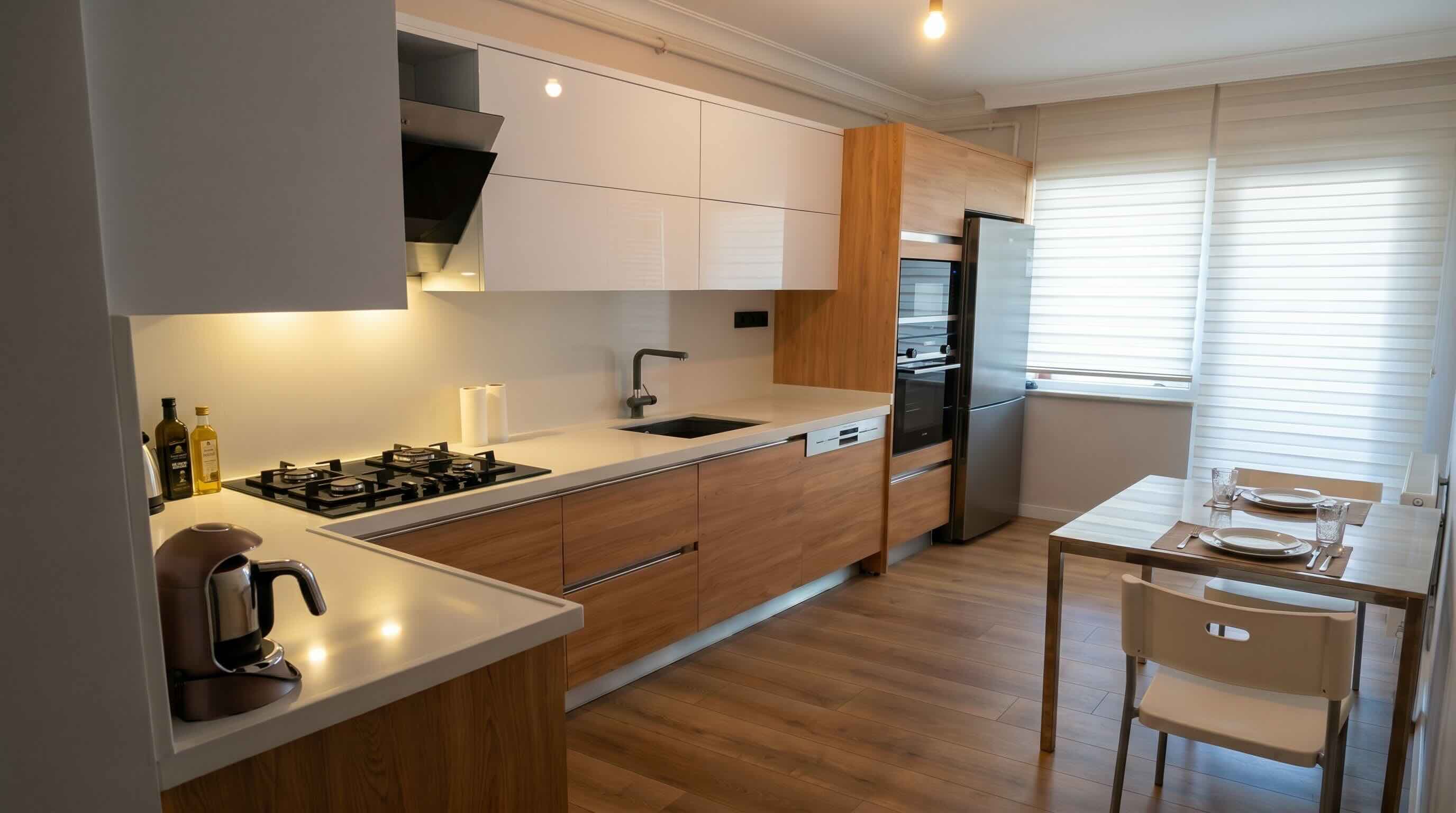 Cocina reformada por Dunamis con frentes en madera, encimera clara e iluminación bajo mueble