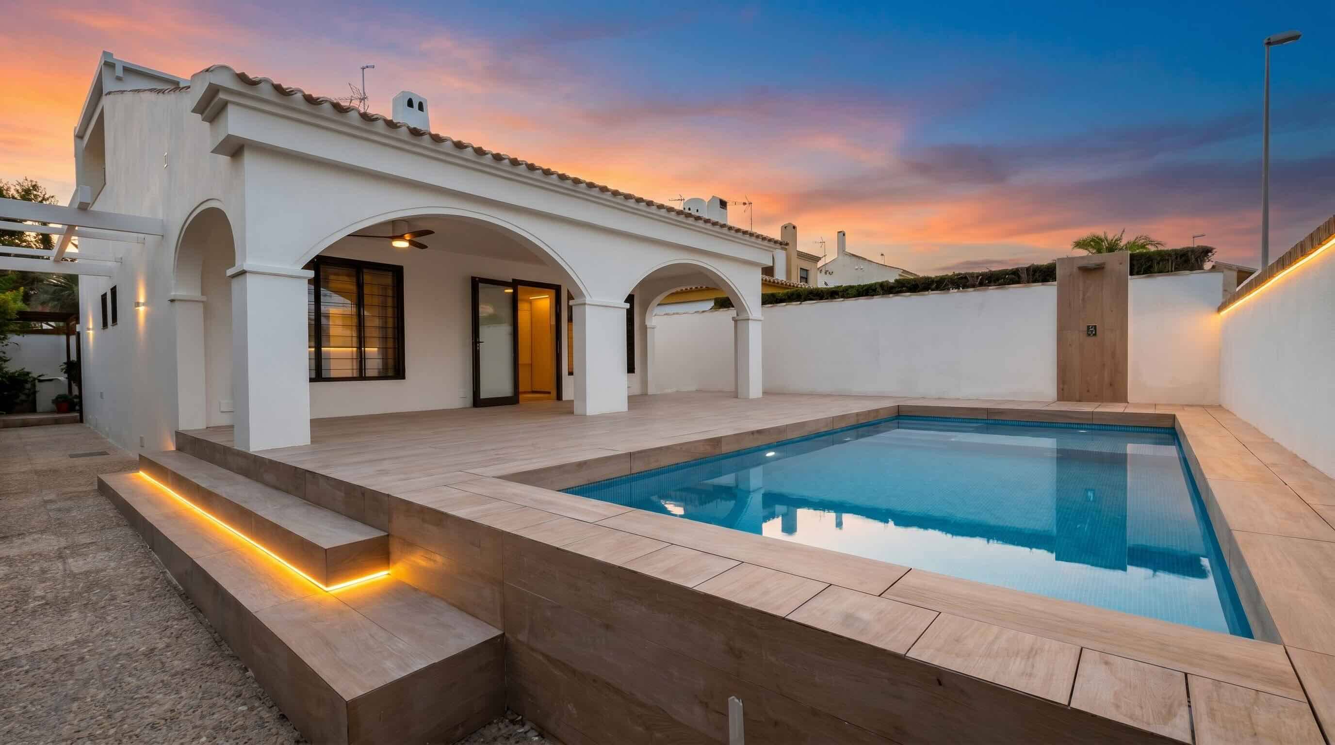 Exterior de vivienda reformada en Pilar de la Horadada con piscina y jardín